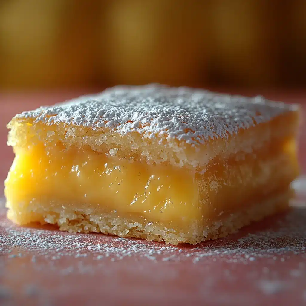 Close-up cross-section of lemon bar showing crust and lemon curd layers