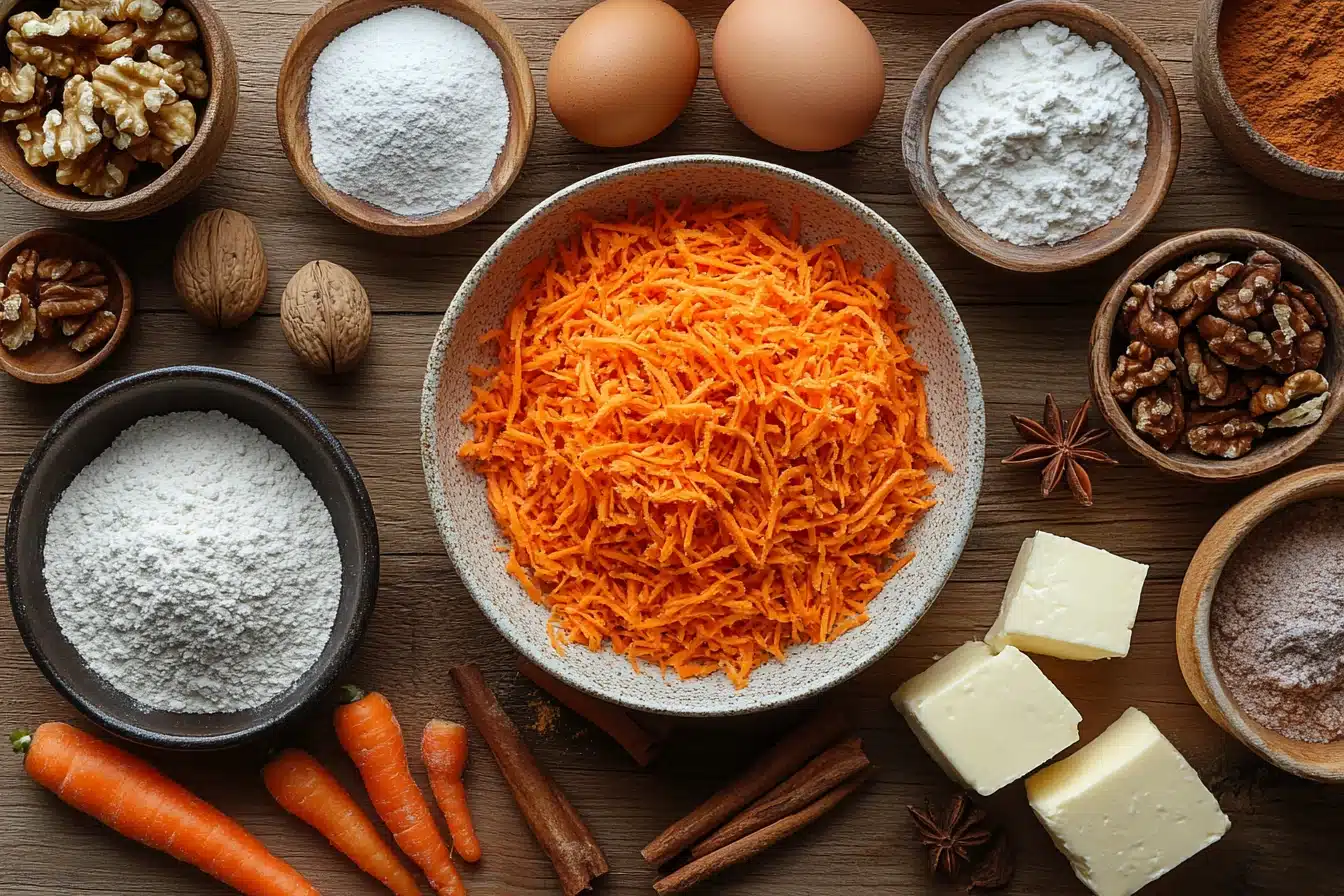 Carrot cake ingredients with grated carrots, spices, and walnuts