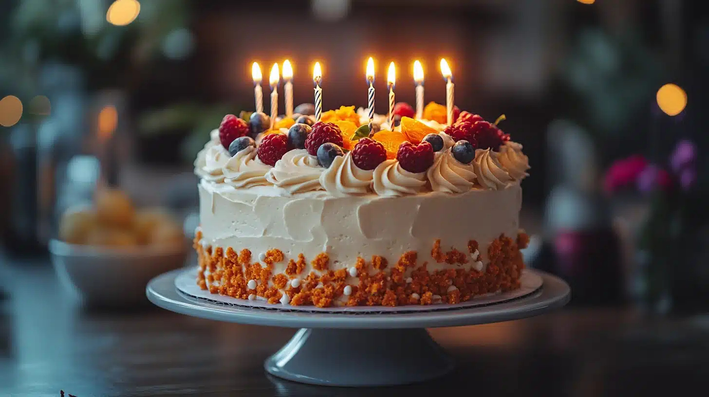 Birthday celebration with beautiful carrot cake and candles