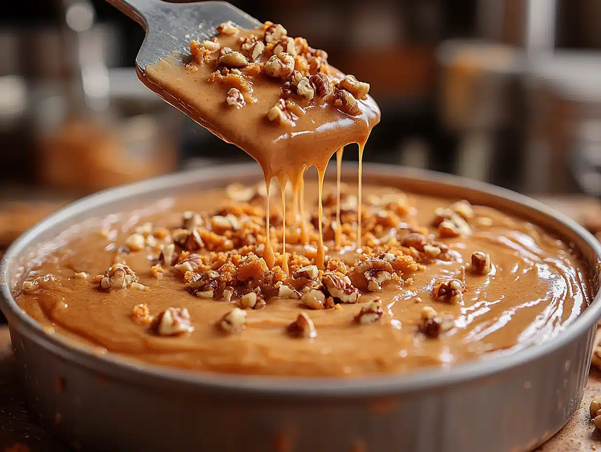 Pouring carrot cake batter with carrots and walnuts into cake pan