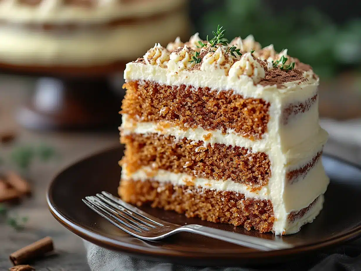Carrot cake slice with cream cheese frosting on dessert plate