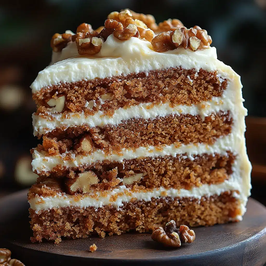 Close-up of moist carrot cake slice showing carrots, walnuts, and frosting