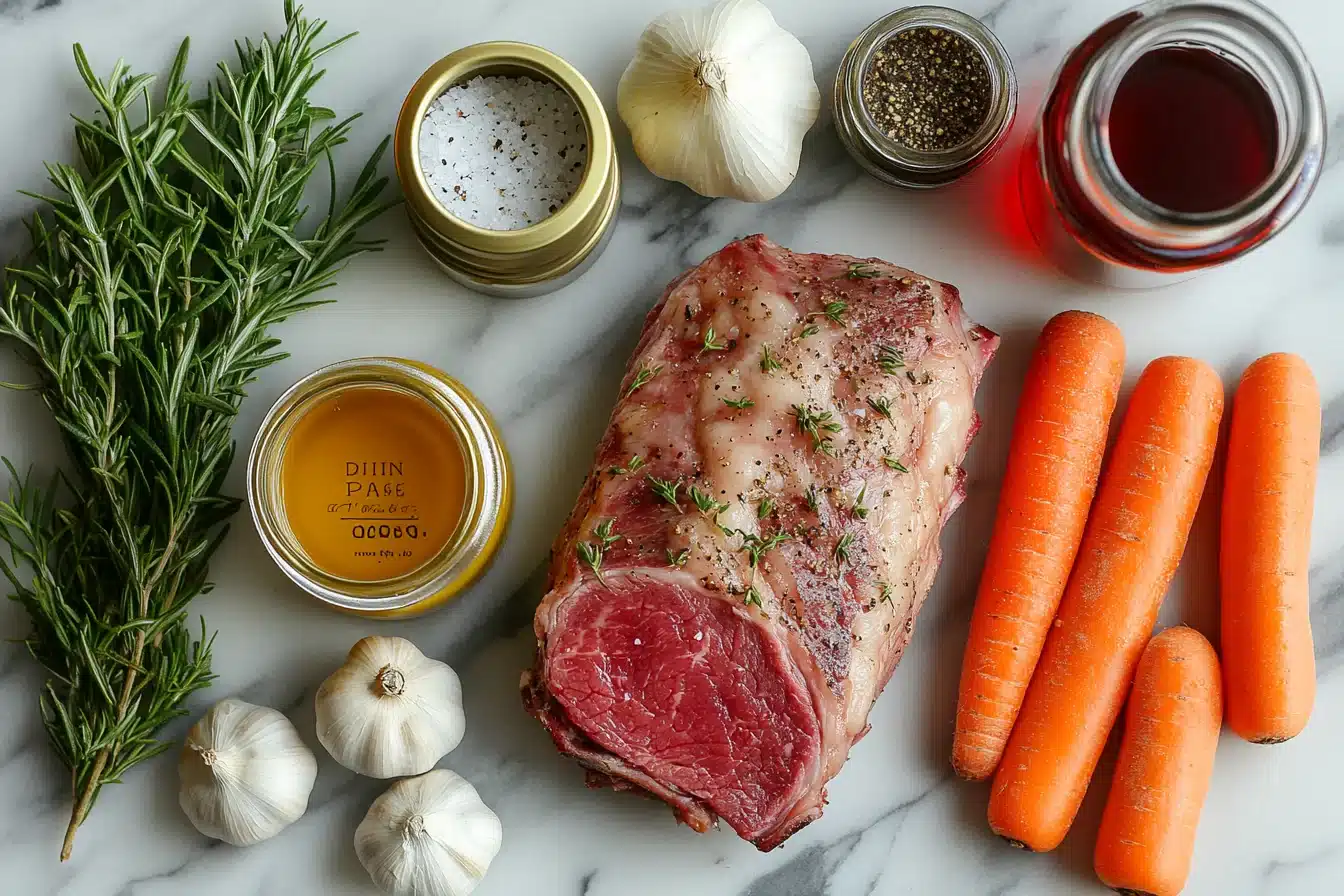 Roast lamb leg ingredients with rosemary garlic and Dijon on marble