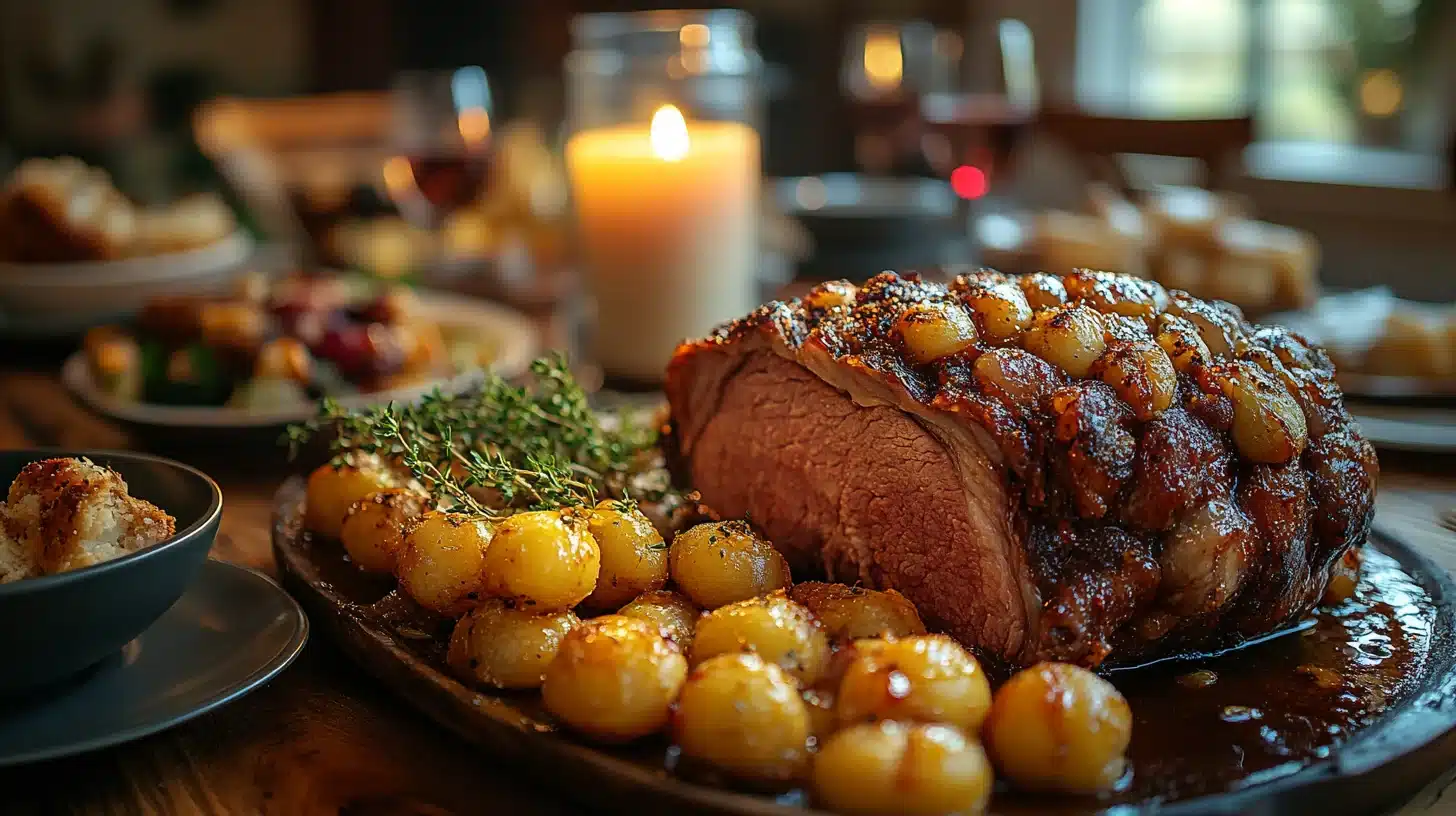 Family dinner with roast lamb being carved at table