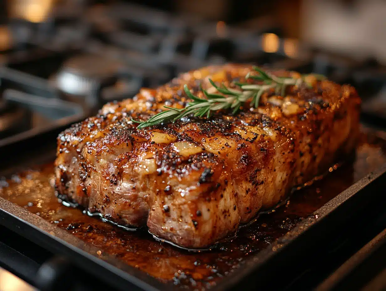 Lamb leg searing in roasting pan with deep brown crust