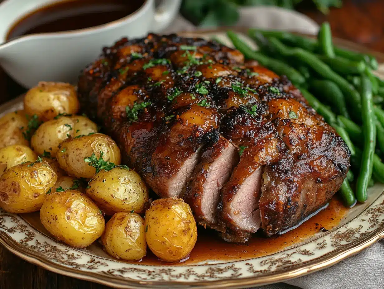 Carved roast lamb platter with gravy, potatoes, and green beans