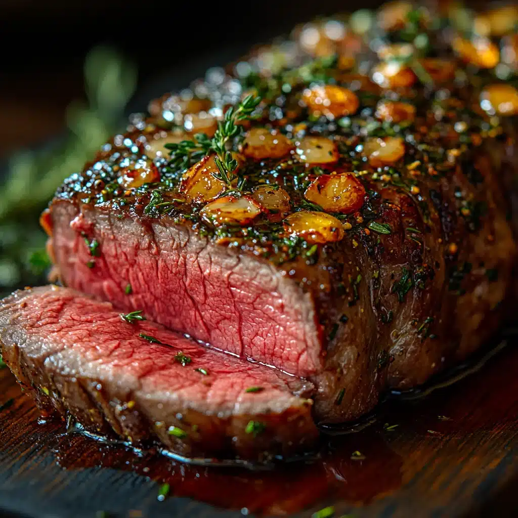 Close-up of sliced roast lamb showing pink medium-rare center with herb crust