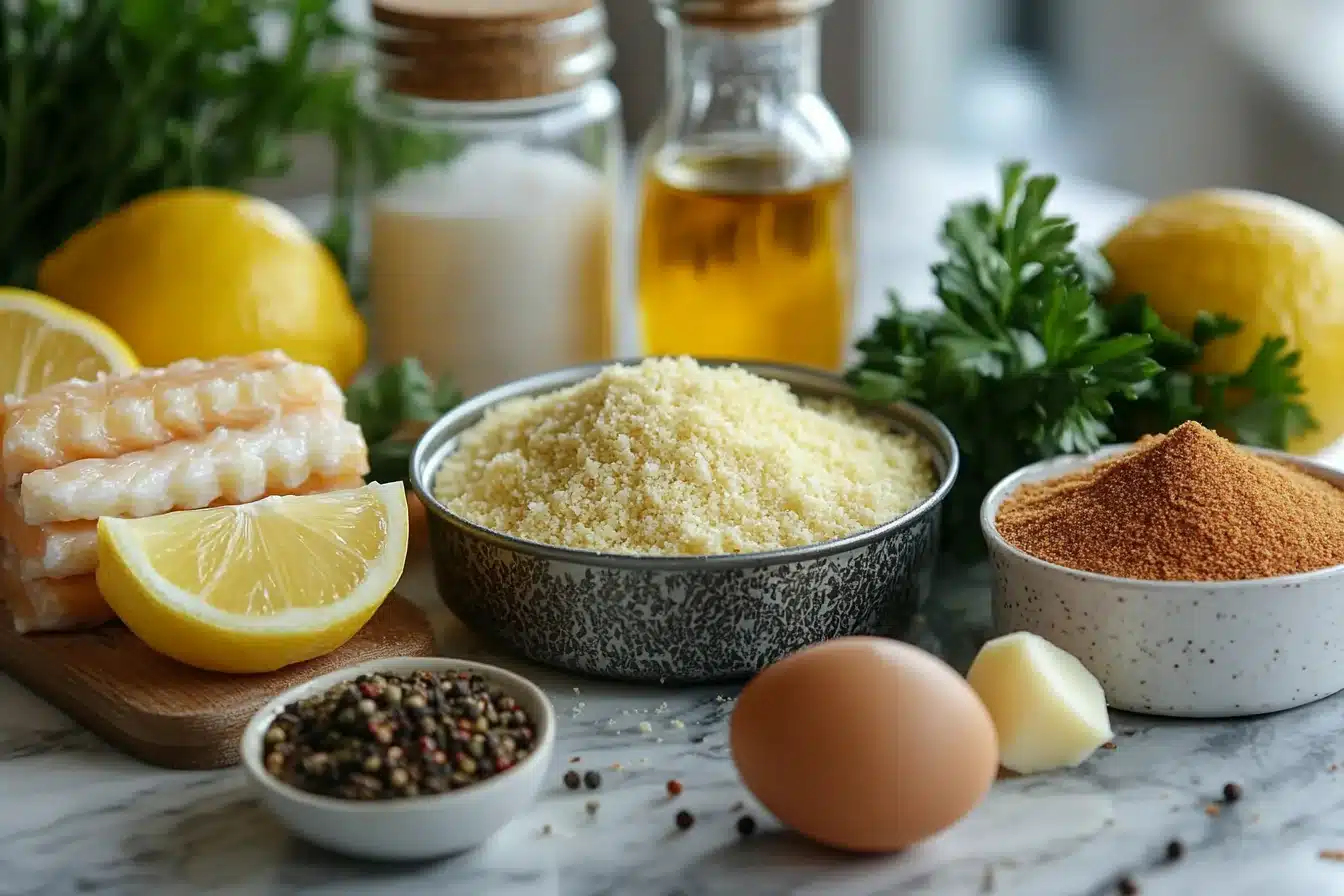 Sardine fish cake ingredients laid out — canned sardines, breadcrumbs, eggs, herbs