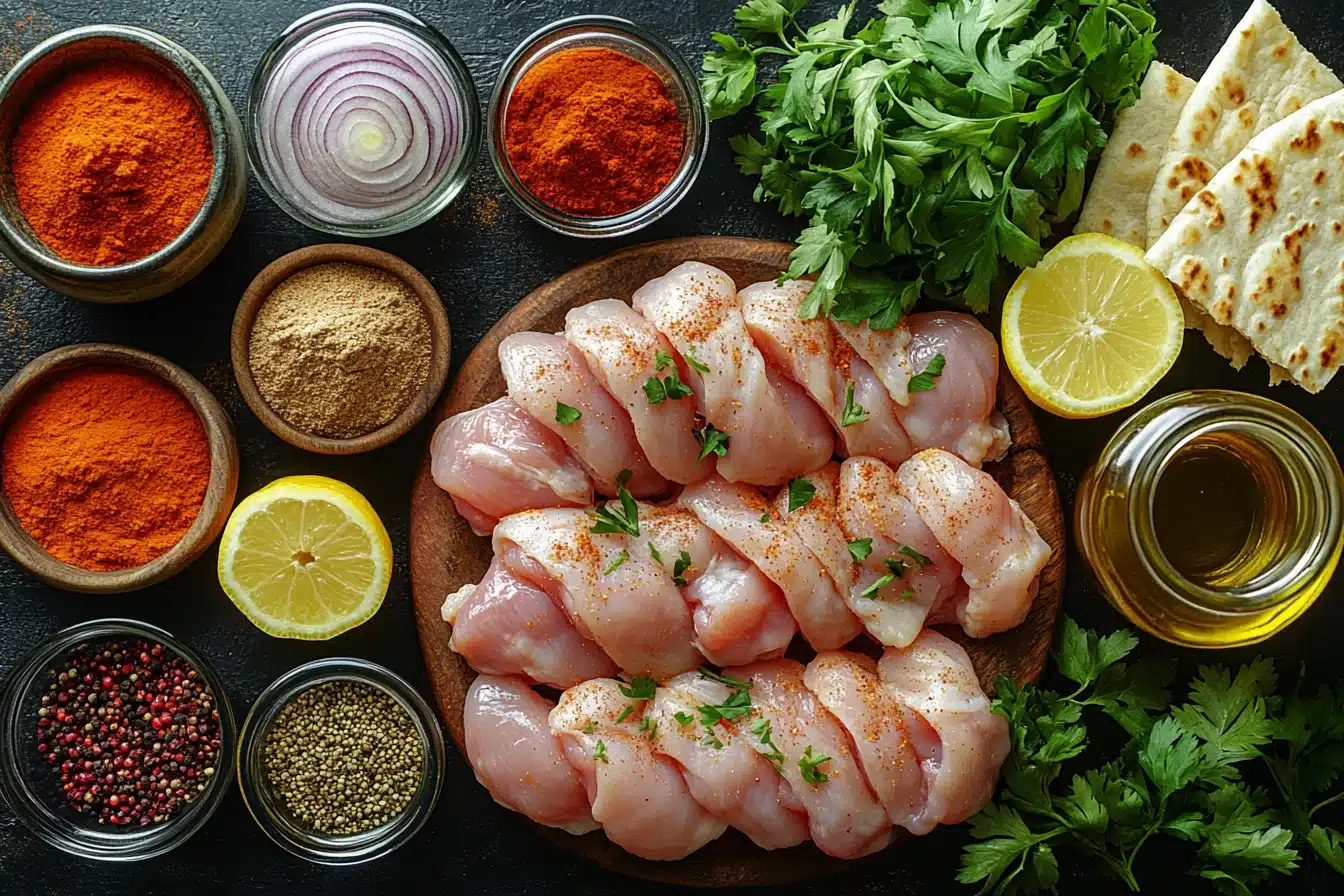 Chicken shawarma ingredients with spices, chicken thighs, and pita