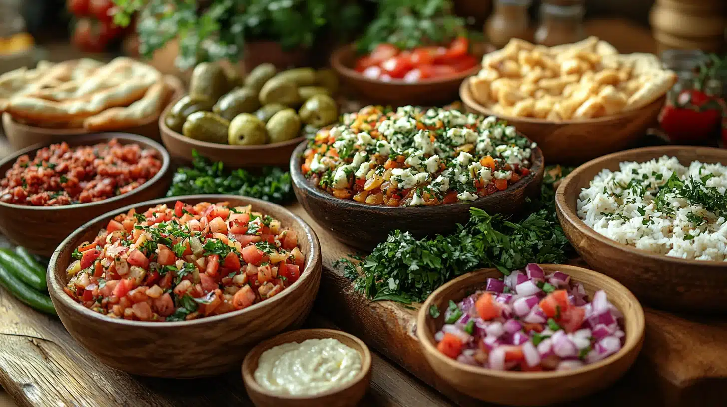 Mediterranean feast spread with shawarma pitas and accompaniments