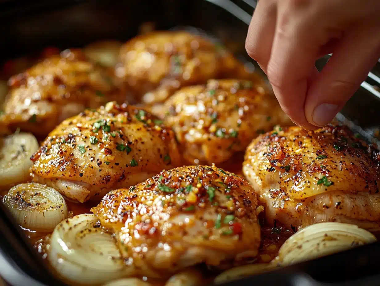 Rubbing spice paste on chicken thighs in slow cooker