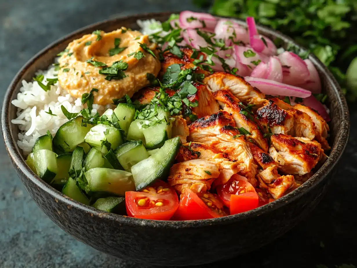 Shawarma rice bowl with chicken, vegetables, and tahini drizzle