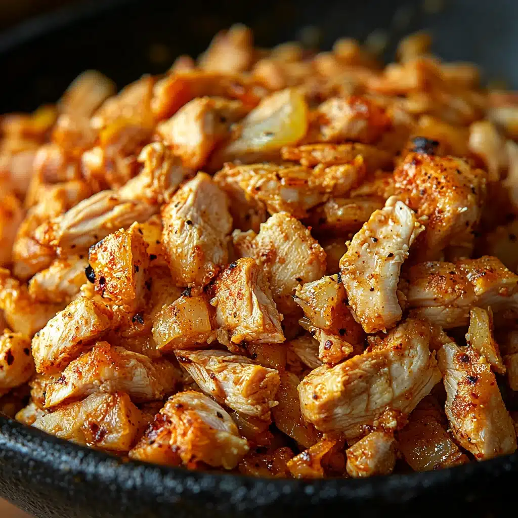 Close-up of shredded chicken shawarma with charred crispy edges