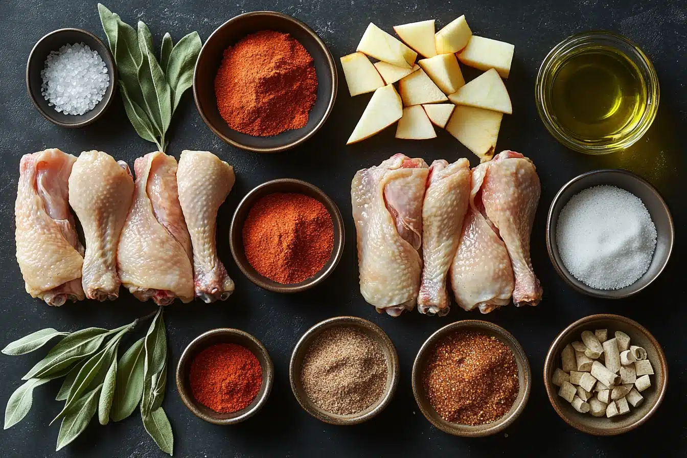 Smoked chicken drumstick ingredients with spice rub and apple wood chips