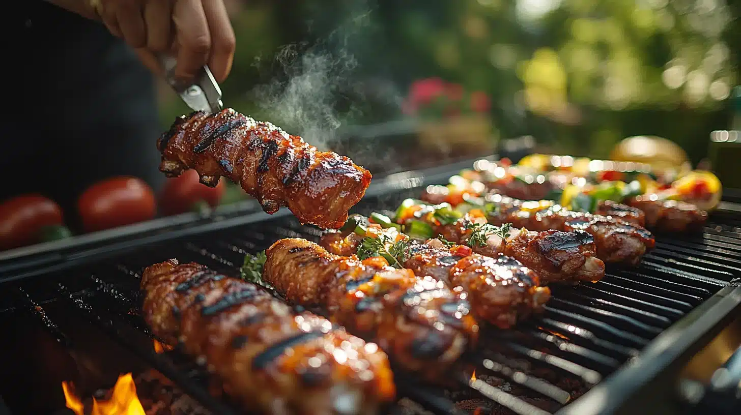 Backyard BBQ with smoked drumsticks being pulled off smoker