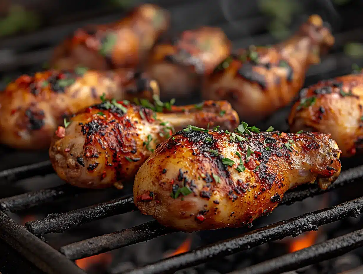 Chicken drumsticks smoking on grill grates with apple wood