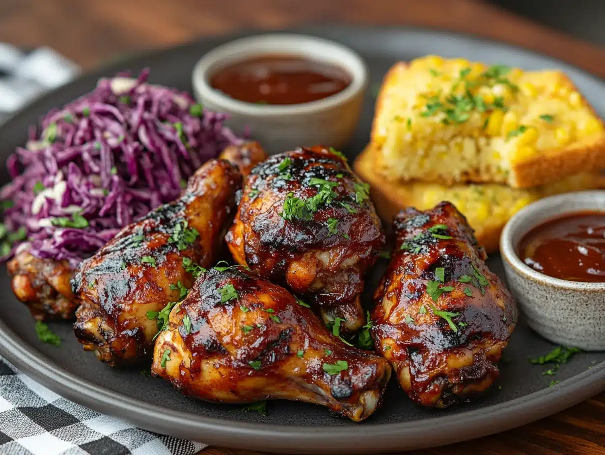Smoked drumstick platter with coleslaw and cornbread