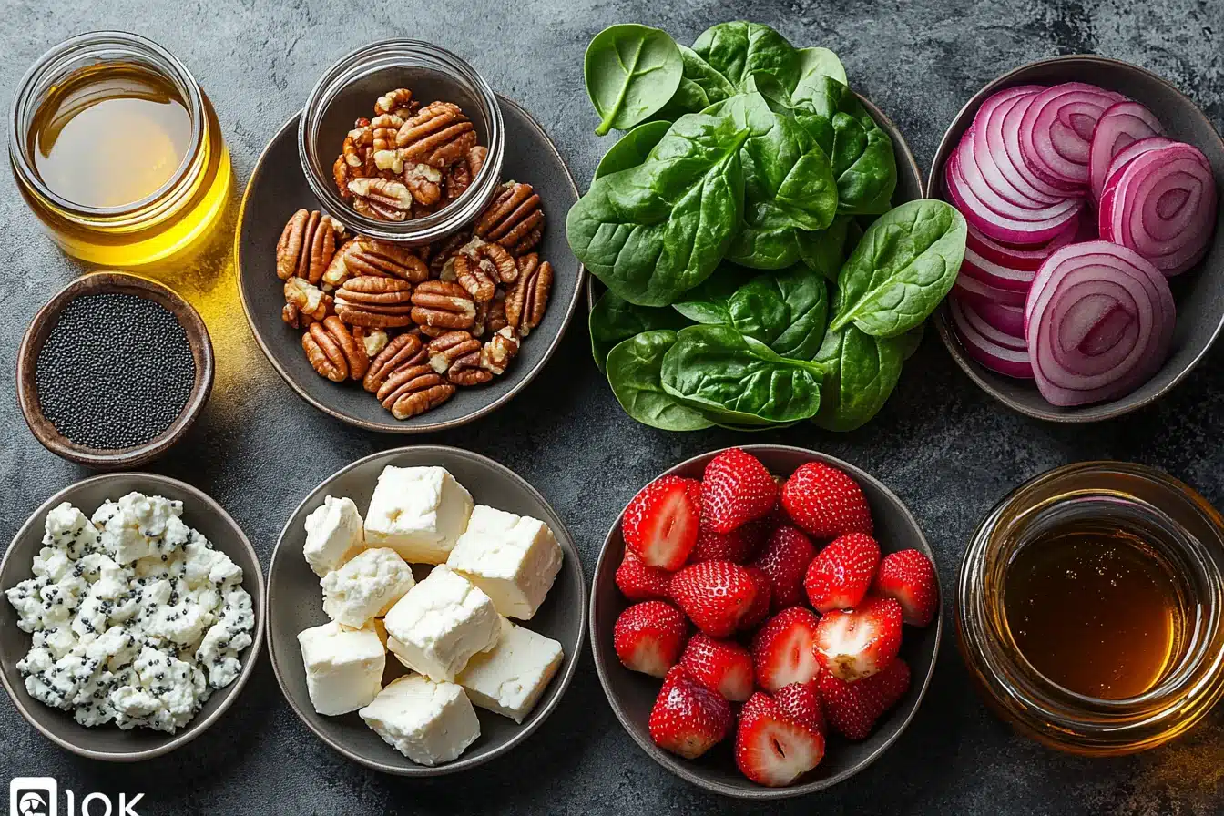 Strawberry spinach salad ingredients on marble surface