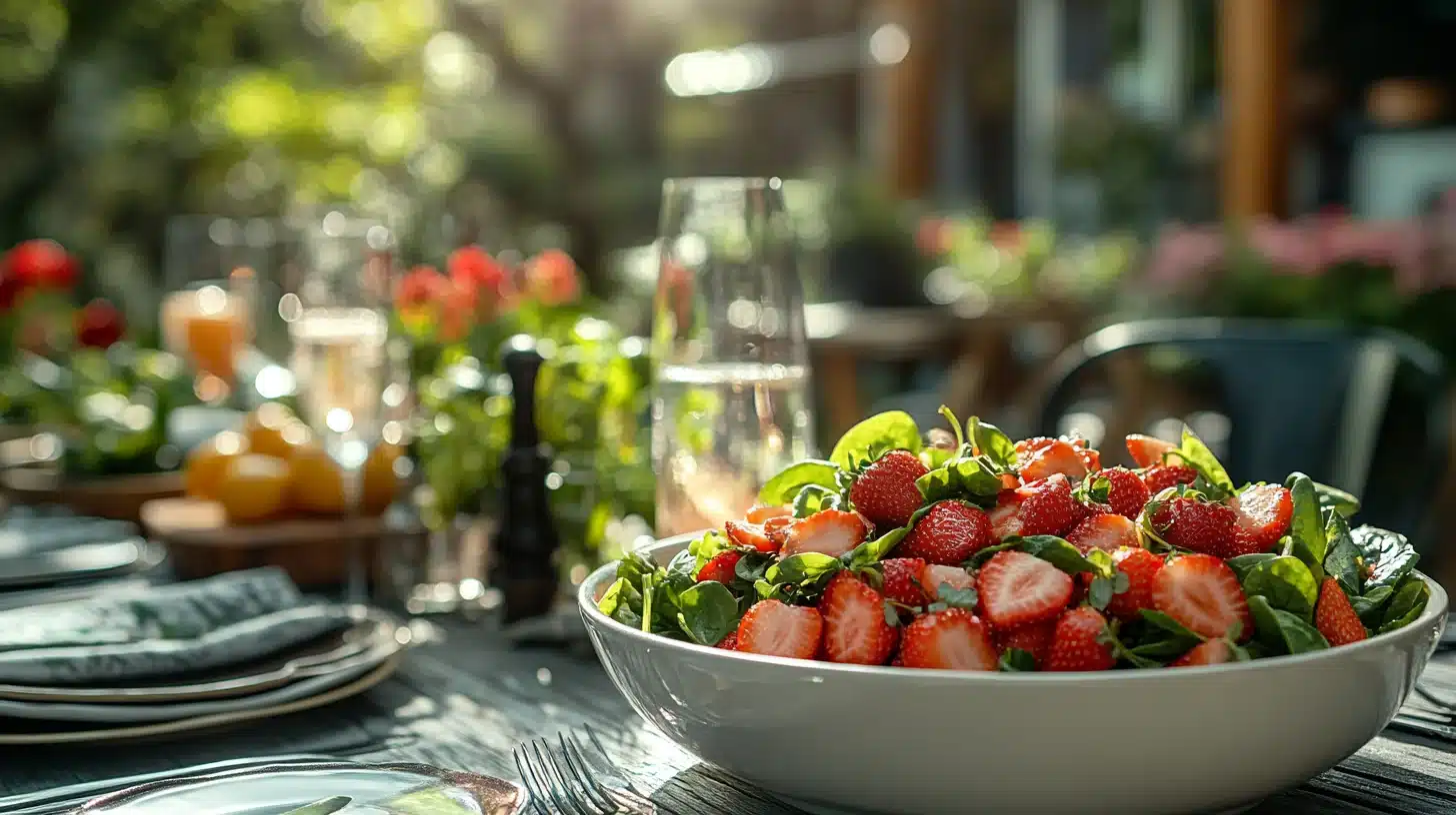 Outdoor spring brunch with strawberry spinach salad being served