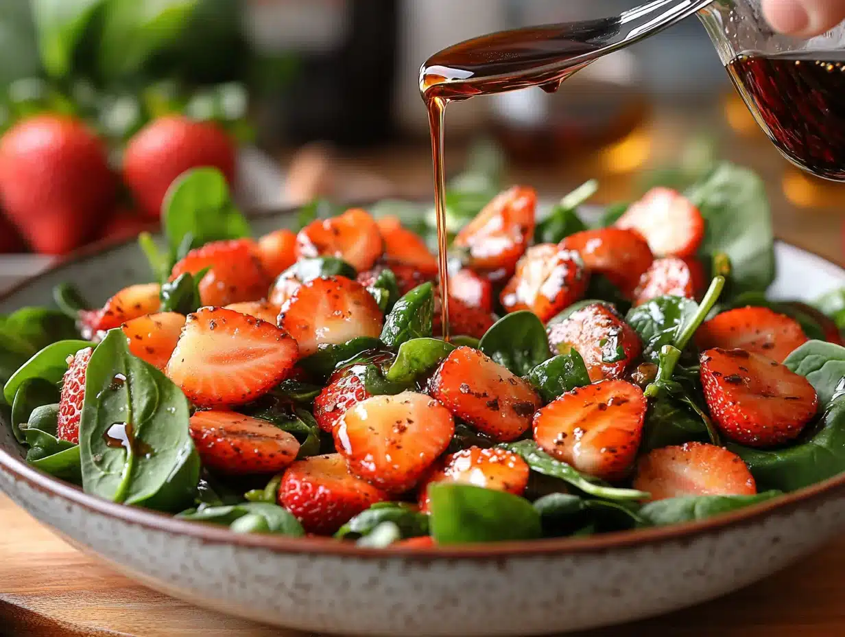 Tossing strawberry spinach salad with balsamic dressing