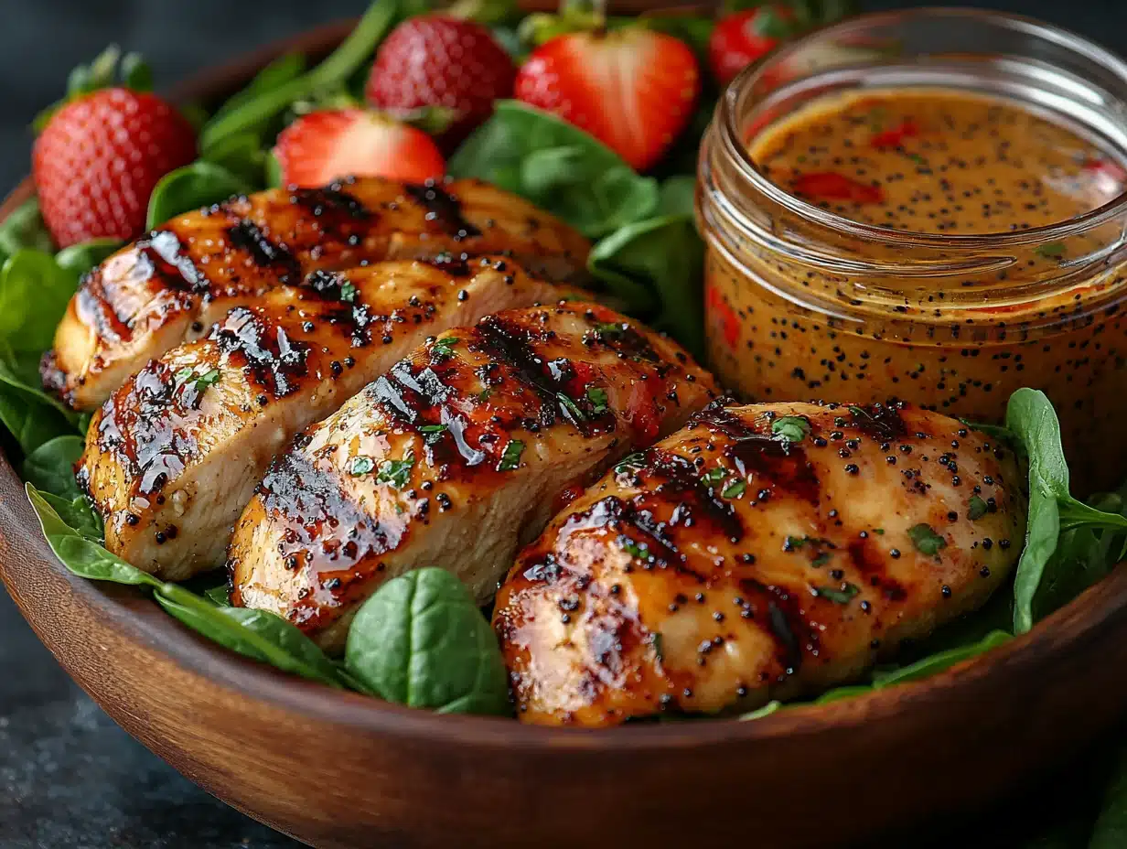 Strawberry spinach salad plated with grilled chicken