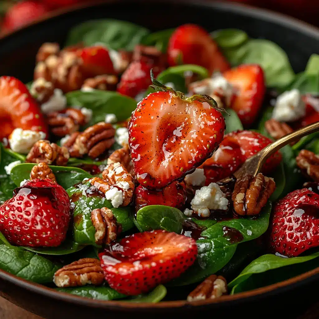 Perfect fork bite of strawberry spinach salad with cheese and pecan
