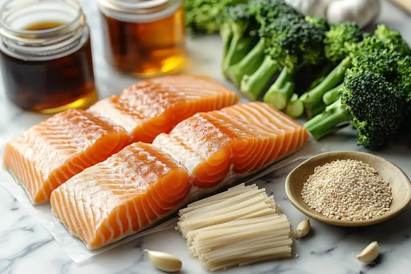 Teriyaki salmon noodle ingredients arranged on marble countertop