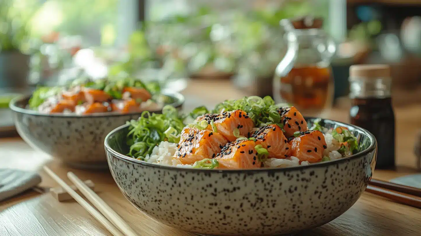 Dinner table set with teriyaki salmon bowls and chopsticks