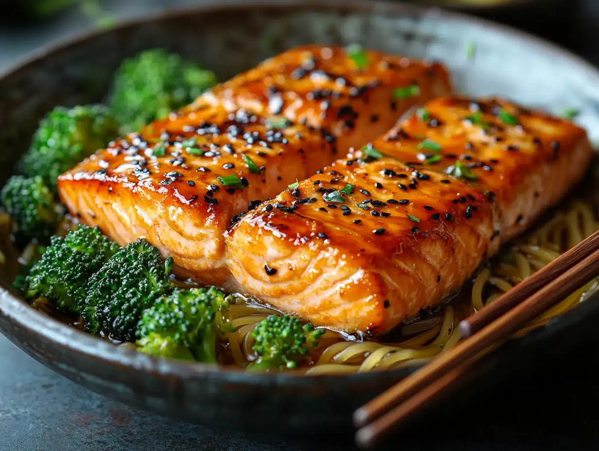 Teriyaki salmon noodle bowl with broccoli and chopsticks