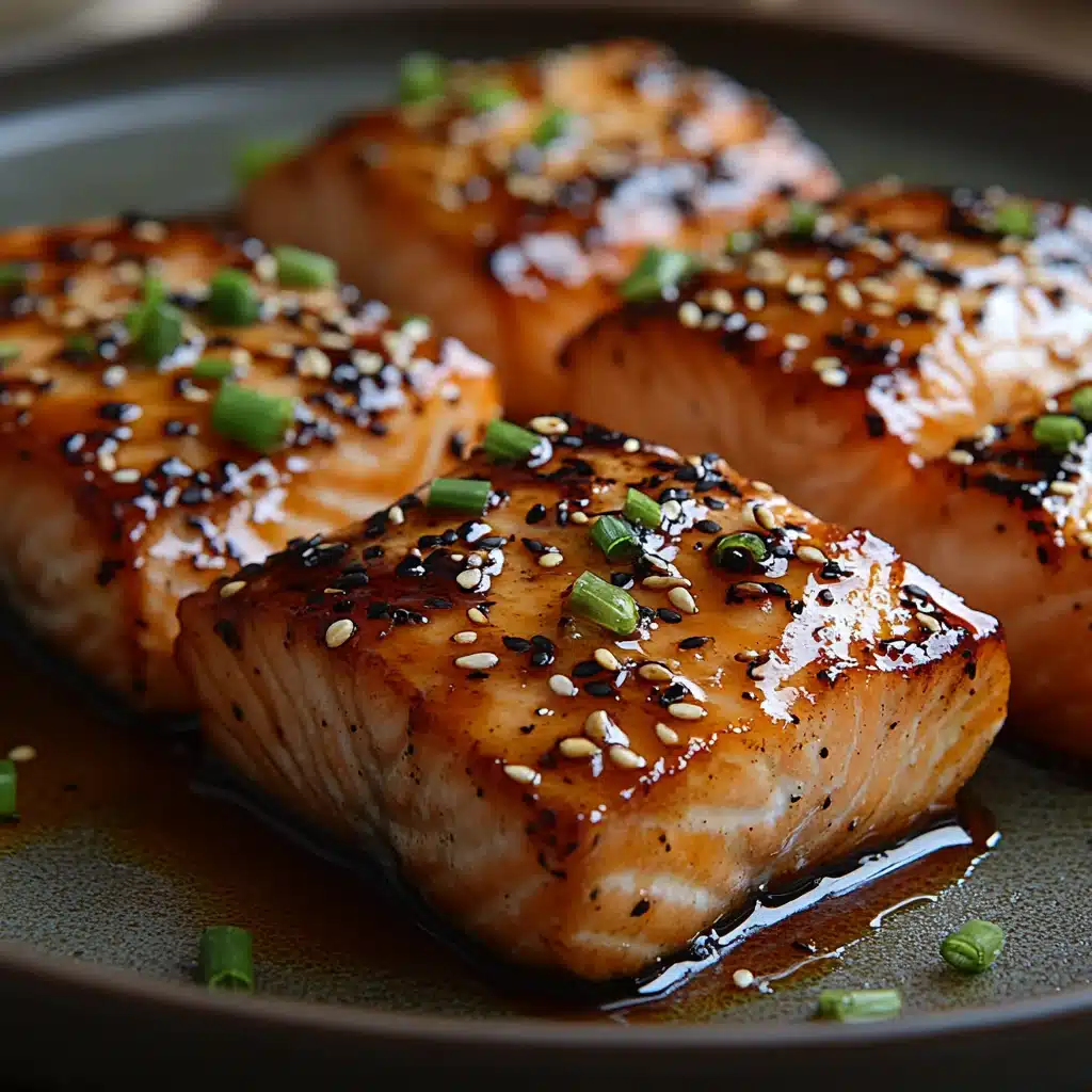 Close-up of flaked teriyaki salmon showing crispy skin and moist pink flesh
