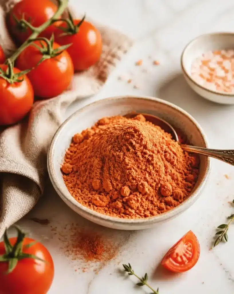 Homemade tomato powder with fresh tomatoes and drying process