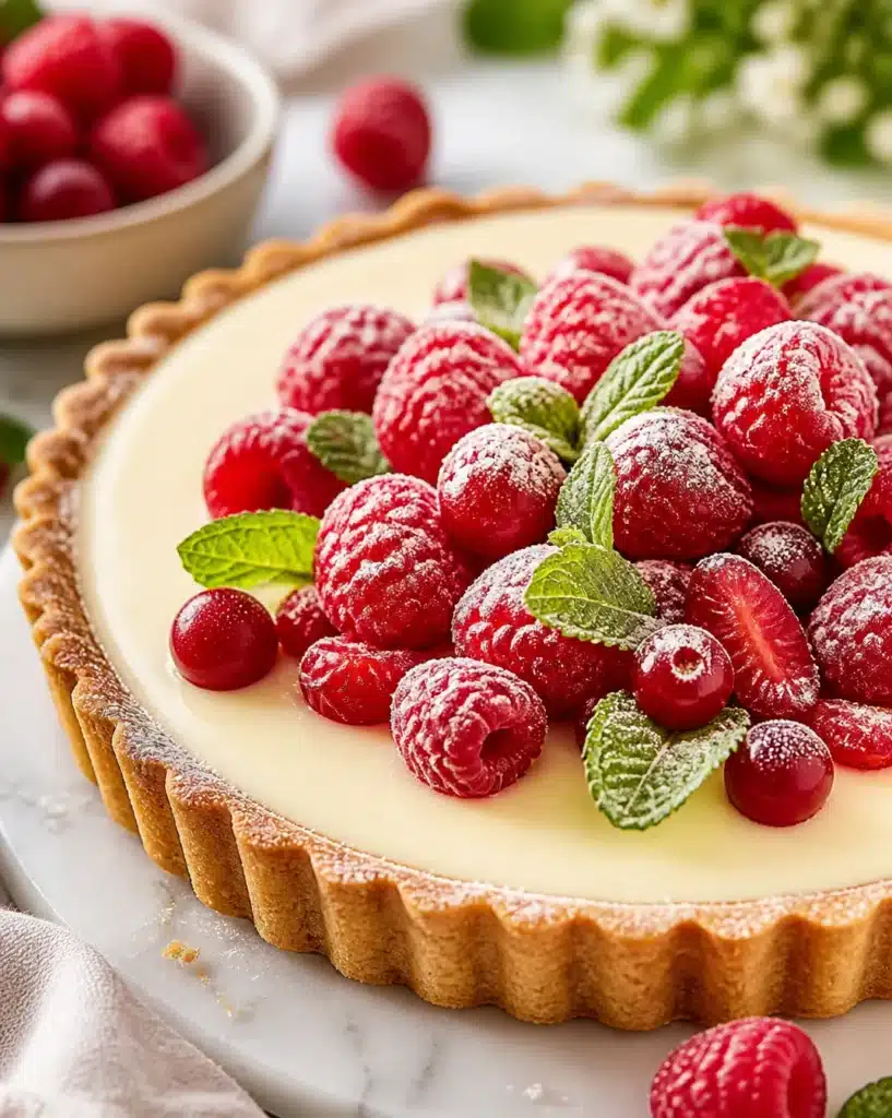 Delicious white chocolate mousse tart garnished with fresh berries