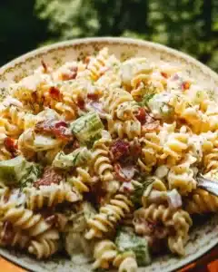 Bacon Pasta Salad with Dill Pickles garnished ready to serve