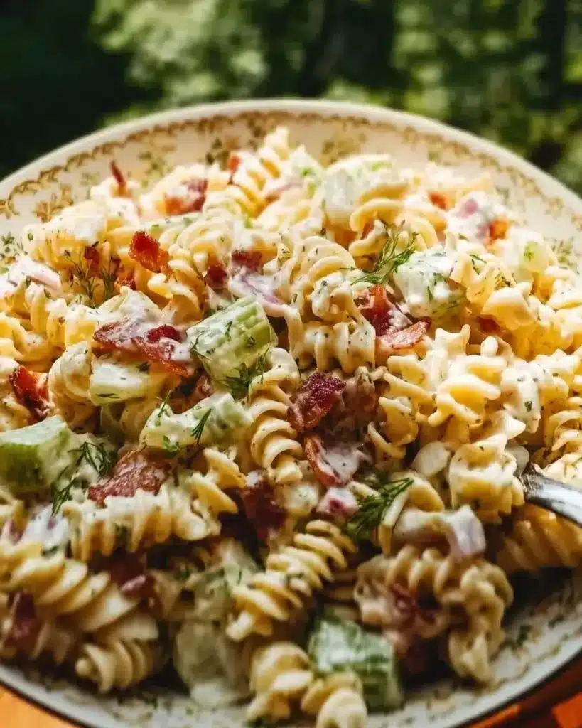 Bacon Pasta Salad with Dill Pickles garnished ready to serve