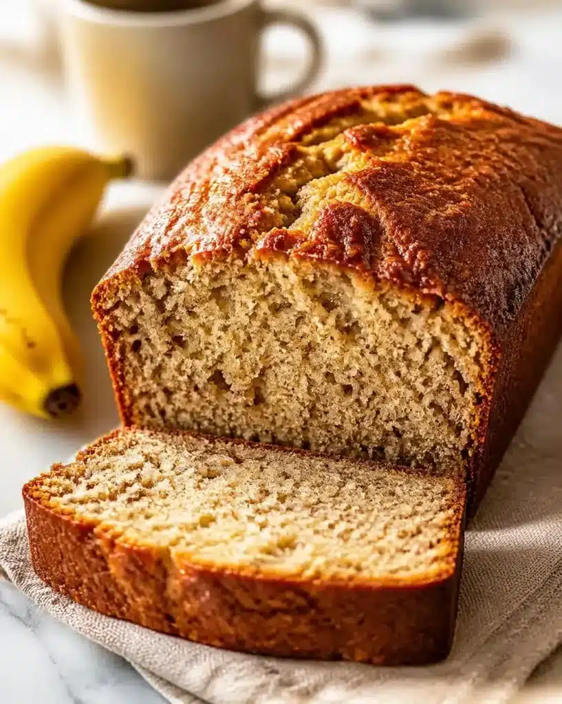 Freshly baked sourdough banana bread with walnuts and ripe bananas on a wooden table.