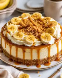 Banana Cream Swirl Cheesecake 3 Slice of Banana Cream Swirl Cheesecake with banana slices and cream topping