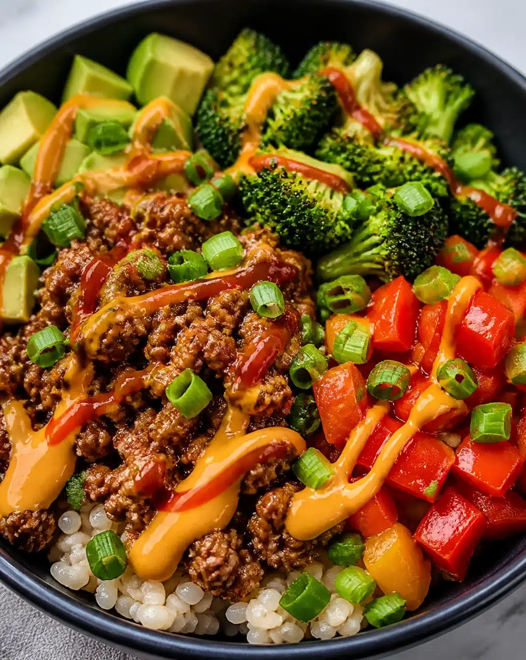 Bang Bang Ground Turkey Bowls 1 Delicious Bang Bang Ground Turkey Bowls with fresh vegetables and sauces