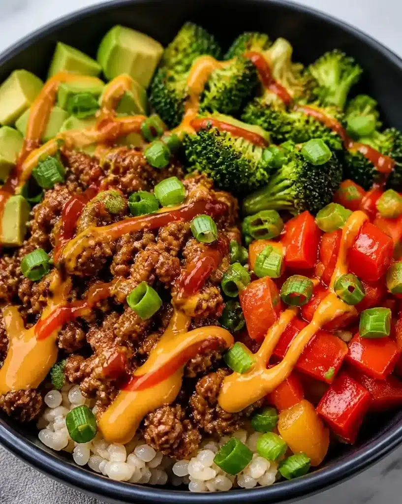 Bang Bang Ground Turkey Bowls with rice vegetables and creamy spicy sauce