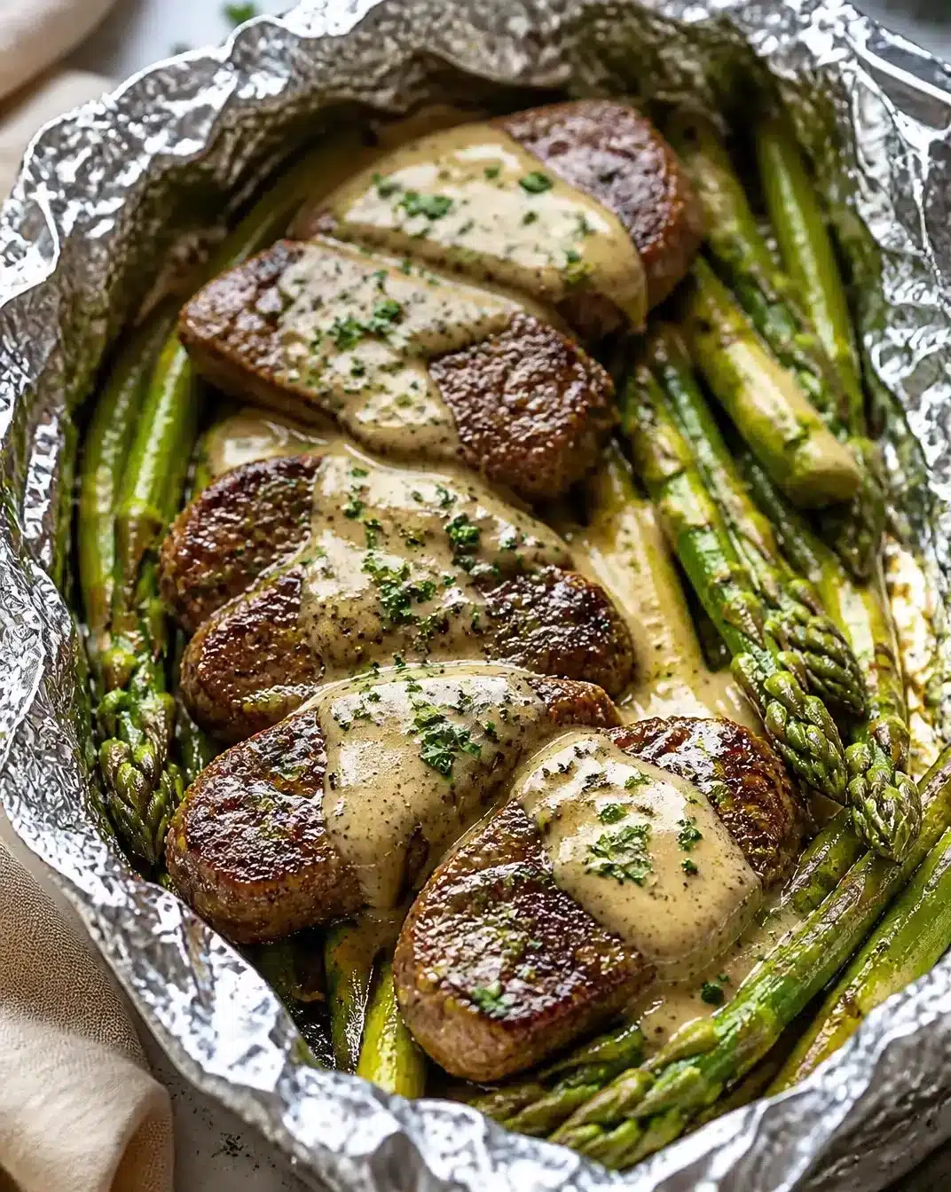 Beef and Asparagus Foil Packets ready for cooking on a grill