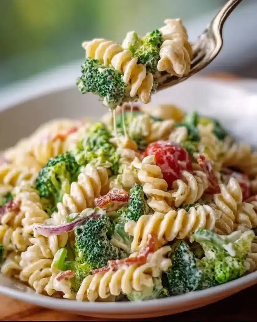 Delicious broccoli pasta salad with colorful vegetables and dressing