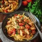 Bruschetta-Style Chicken Pasta with fresh tomatoes and basil.