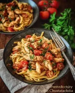 Bruschetta-Style Chicken Pasta 4 Bruschetta-Style Chicken Pasta with fresh tomatoes and basil.