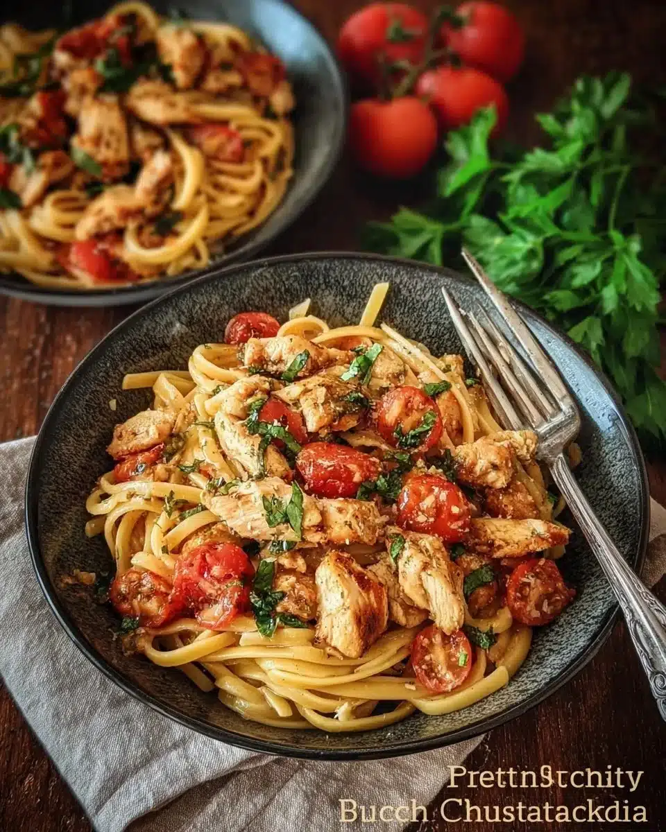 Bruschetta-Style Chicken Pasta 1 Bruschetta-Style Chicken Pasta with fresh tomatoes and basil.