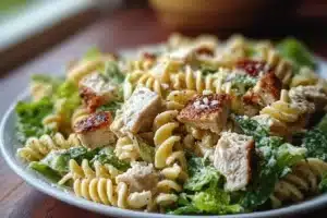 Bowl of Caesar-Style Chicken Pasta Salad with fresh ingredients