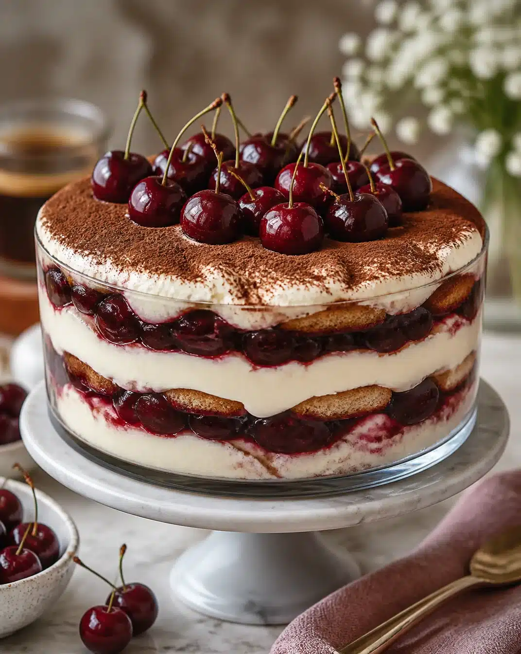 Delicious cherry-infused amaretto tiramisu dessert served in a glass dish.