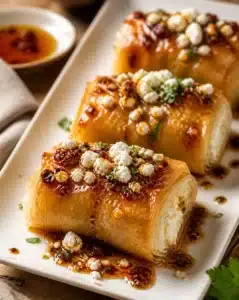 Savory Chili Honey Feta Rolls drizzled with honey and chili flakes