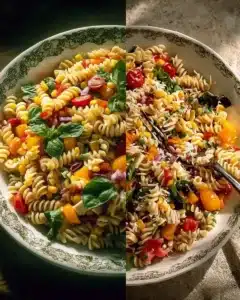 Refreshing chilled pasta salad with vegetables and dressing