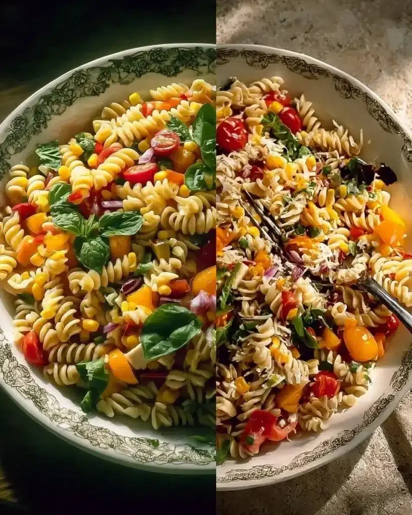 Refreshing chilled pasta salad with vegetables and dressing