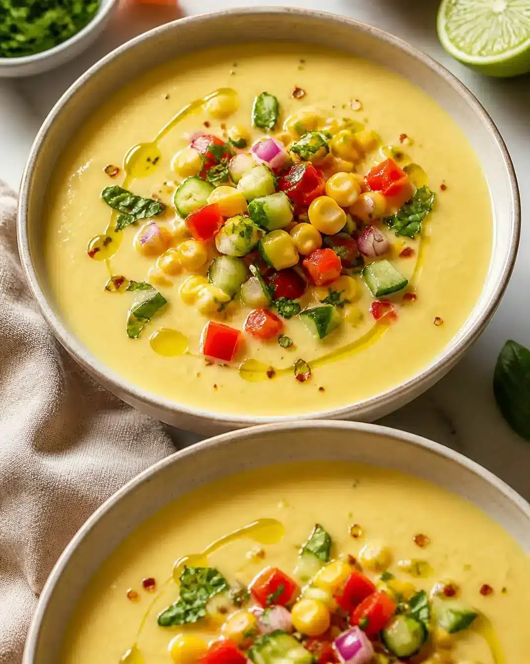 Bowl of chilled sweet corn gazpacho with fresh herbs and veggies