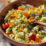 Cilantro-Lime Summer Pasta Salad garnished with fresh herbs and colorful vegetables